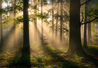 Bright morning sunlight streams through the misty forest, illuminating green foliage and a winding path.