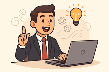 Businessman having a great idea. Creative thinking and innovation concept. Man at laptop finds a solution. Problem-solving and business inspiration vector illustration.