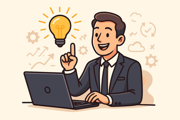 Businessman at computer has a new idea. Lightbulb symbol for innovation, creative thinking, and inspiration. Entrepreneur finds a business solution. Problem-solving concept.