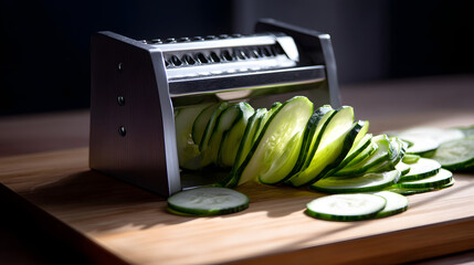 A stainless steel mandoline slicer mid-use on a wooden surface