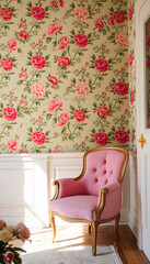Pink chair in floral room, vintage. White tone