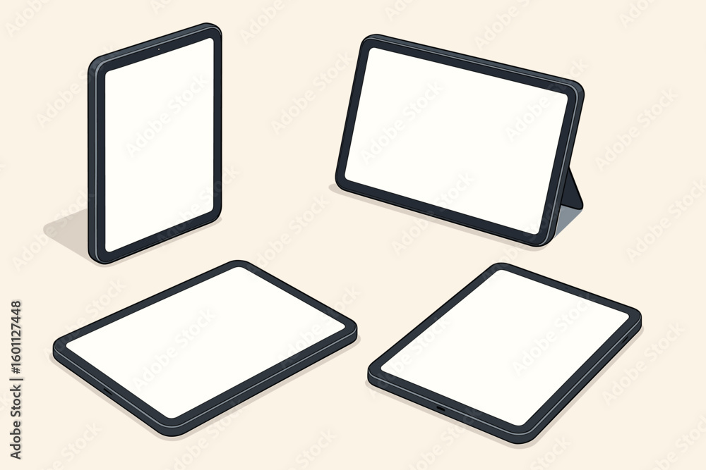 Poster isometric tablet mockup set. collection of modern digital devices and pads from various angles with 