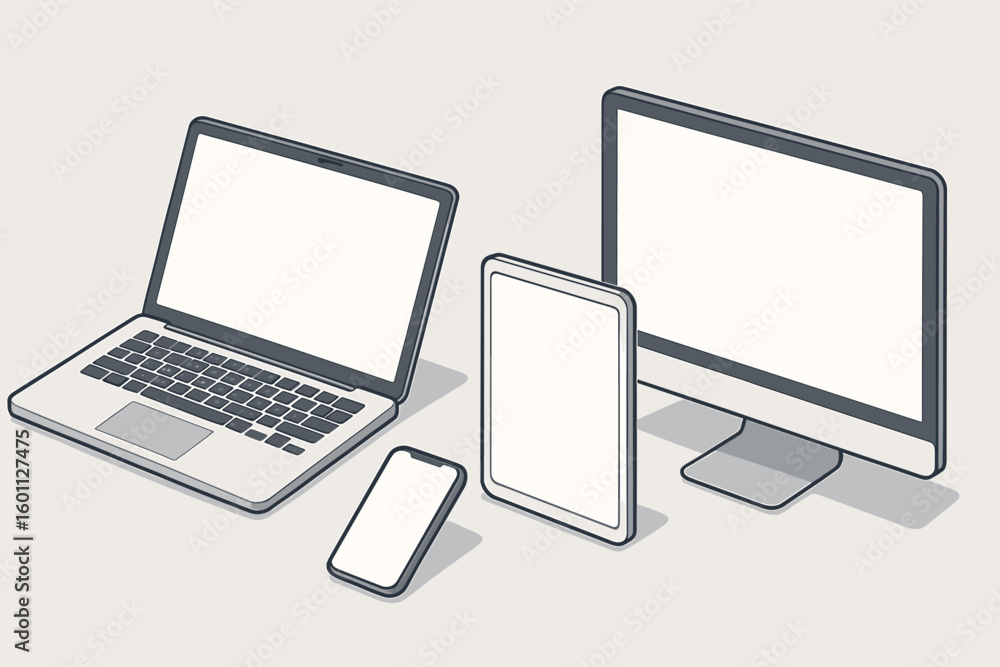 Fototapete Isometric devices vector mockup set. Laptop, computer monitor, tablet and mobile phone illustration. Electronic gadget collection with blank screen for presentation or web design.