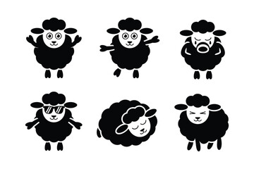 Black sheep silhouettes with various expressions and poses farm animals cute