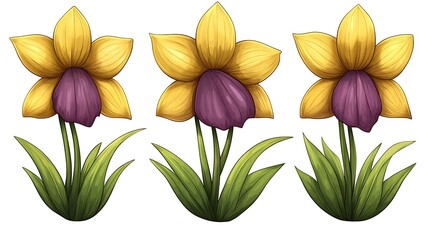 Three stylized daffodils with vibrant yellow petals and purple centers.