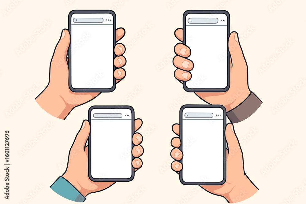 Poster hands holding smartphone mockup collection. mobile phone with blank browser screen for app interface