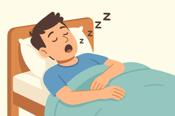 Man sleeping soundly in bed and snoring. Vector illustration of a tired person resting in the bedroom. Concepts of deep sleep, dreaming, relaxation, fatigue, health, rest.
