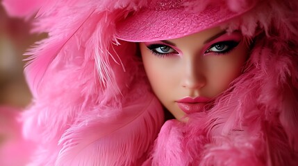 Fototapeta premium A woman with striking makeup and pink feathers.
