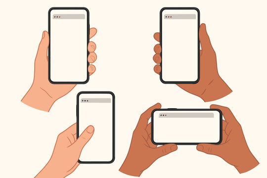 Set of hands holding smartphones. Mobile phone screen mockup collection for app or website presentation. Diverse multiracial hands with blank device display. Vector cartoon concept.