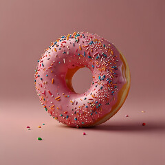 Pink Glazed Donut with Rainbow Sprinkles on Minimal Background