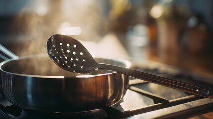 A stainless steel slotted spoon resting on a pan