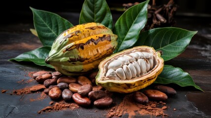 Beautiful cocoa beans on a dark background. The pod is cut in half, with cocoa beans inside. There are green leaves and roasted cocoa beans all around. A photo with a place for the text.