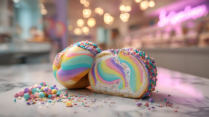 A swirled rainbow-colored bagel sliced and filled with cream