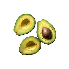 Fresh avocado halves with seasoning. Transparent PNG.Cut open to reveal smooth flesh and seed. Ideal for nutrition blogs, healthy food menus, and ingredient features.