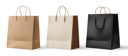 Three paper shopping bags in brown, beige, and black, each with rope handles, stand in a row against a white background