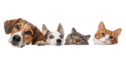 Dogs and cats peeking over web banner extracted isolated on a white background PNG. AI GENERATED.