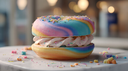 A swirled rainbow-colored bagel sliced and filled with cream