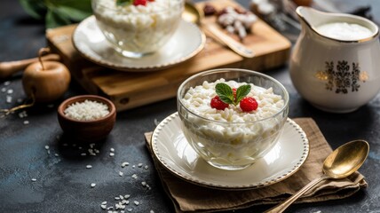 Amazing photo of rice pudding and milk dessert in small white cups.