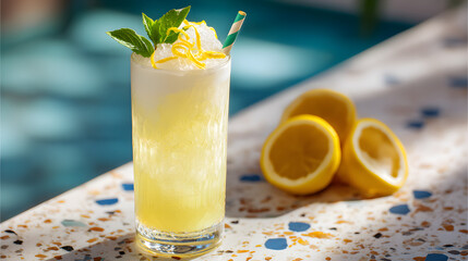 A tall clear glass filled with pale yellow whipped cream