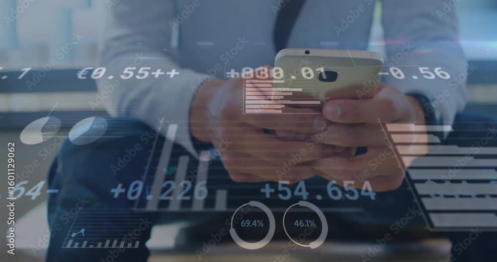 Aufkleber seated man tapping smartphone and displaying semi-transparent finance charts floating for insight