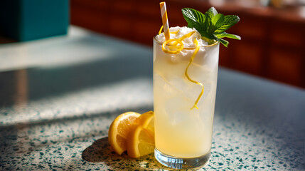 A tall clear glass filled with pale yellow whipped cream