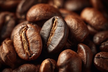 Obraz premium Close-up of luxurious roasted coffee beans featuring intricate details and gleaming highlights for coffee lovers and culinary artists seeking inspiration in cozy settings