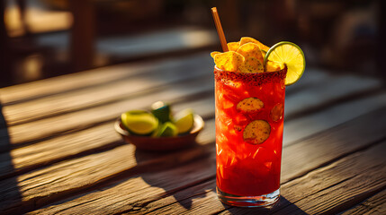 A tall glass filled with bright red chamoy sauce
