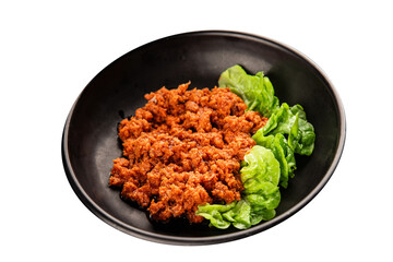 Tuna tomato sauce canned fish seafood fresh delicious gourmet food background on the table rustic food top view copy space keto and paleo diet vegan food pescetarian diet