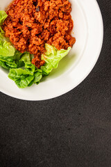 Tuna tomato sauce canned fish seafood fresh delicious gourmet food background on the table rustic food top view copy space keto and paleo diet vegan food pescetarian diet