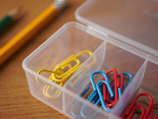Colorful Paper Clips Organized in a Plastic Container Close Up