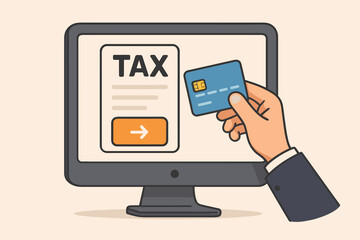 Hand Holding Credit Card Paying Taxes Online on Desktop Computer, Digital Payment, Secure E-Tax Transaction, Modern Internet Tax Filing, Vector Cartoon Illustration, No Text, Light Background