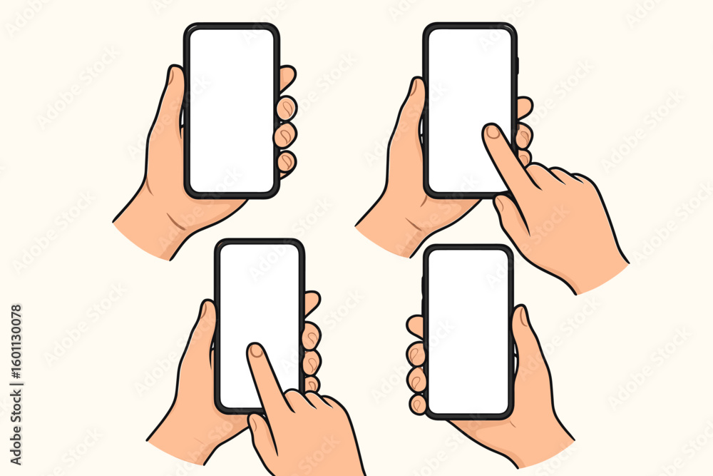 Poster vector set of four smartphone mockups—hands holding and touching mobile devices, touchscreen gesture