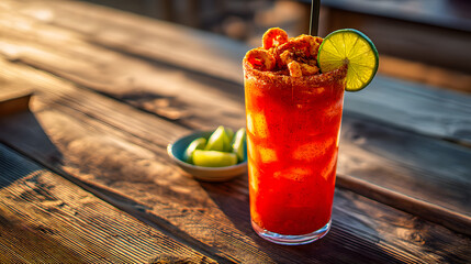 A tall glass filled with bright red chamoy sauce
