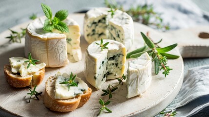 Fresh goat cheese on a light stone board. The cheeses are accompanied by two small pieces of bread, spread with cheese and delicately sprinkled with fresh herbs.