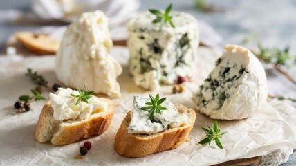 Fresh goat cheese on a light stone board. The cheeses are accompanied by two small pieces of bread, spread with cheese and delicately sprinkled with fresh herbs.