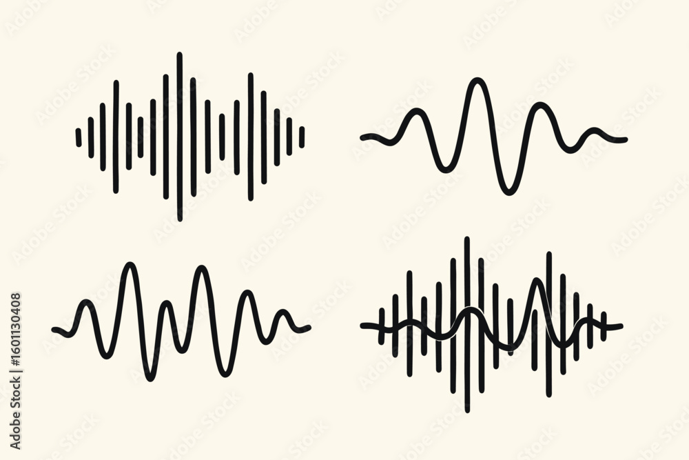 Poster minimalist audio wave vector set – 4 black abstract sound waveforms, simple music frequency signals,