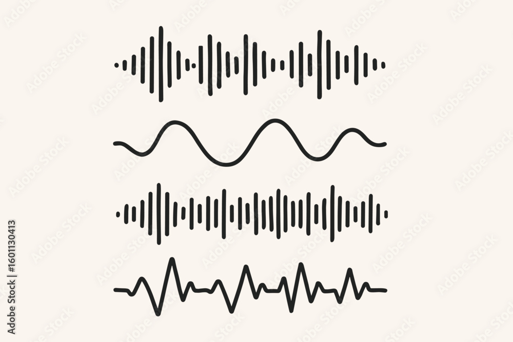 Poster abstract vector sound waves collection—set of 4 distinct black audio waveforms, minimalist music and