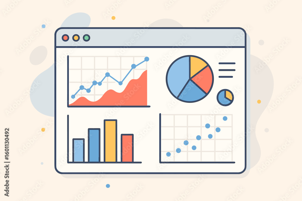 Poster business analytics dashboard concept – modern vector illustration of data visualization in browser w
