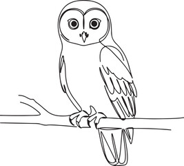 One-line continuous art of an owl perched on a branch, with large eyes,