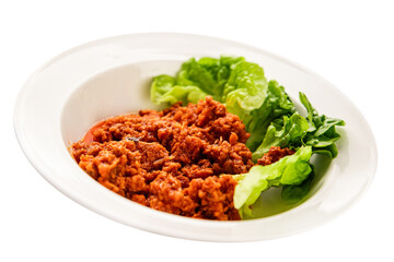 Tuna tomato sauce canned fish seafood fresh delicious gourmet food background on the table rustic food top view copy space keto and paleo diet vegan food pescetarian diet