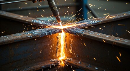Metalworker Cutting Steel with Torch - Hot Sparks Fly from Industrial Construction Fabrication, Welding, Heavy Industry, Sparks, Flame, Manufacturing