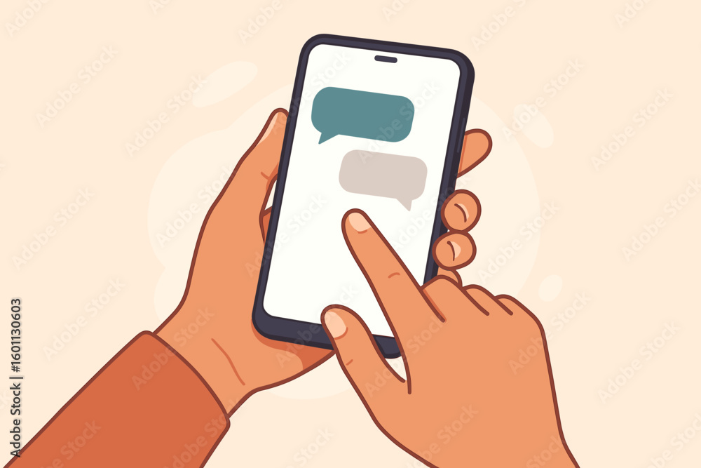 Poster modern communication - hand holding smartphone sending text messages, messaging app interface, finge
