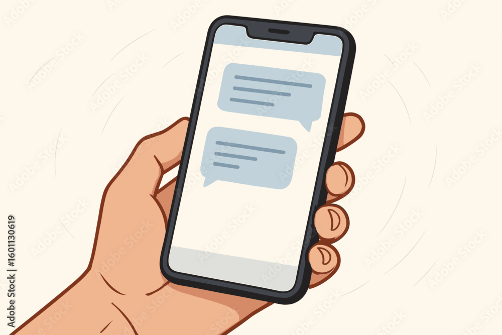 Poster hand holding smartphone with messaging app interface, text messages on screen, digital communication