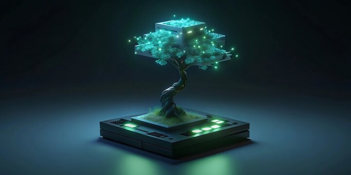 A miniature digital bonsai tree illuminated with bright green lights and intricate circuitry rests on a futuristic electronic base.