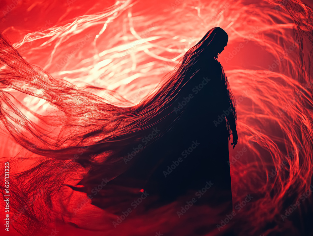 Poster woman in a long red robe stands in front of a red background. the image has a dark and mysterious mo