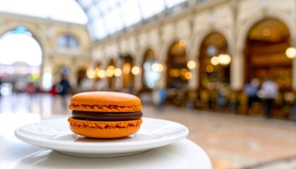 Orange macaron on white saucer, cafe background