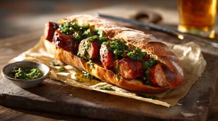 A toasted crusty baguette sliced open to reveal a sausage