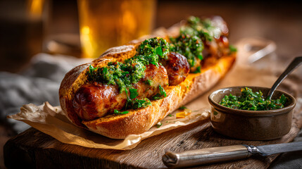 A toasted crusty baguette sliced open to reveal a sausage