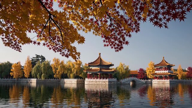 Vibrant autumn foliage frames a serene view of the summer palace in beijing, its traditional architecture reflected in the calm waters of kunming lake