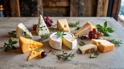 The table is decorated with a variety of slices of hard cheeses such as cheddar, gouda and parmesan, and grapes. The cheese is garnished with fresh herbs, rosemary, thyme and basil.